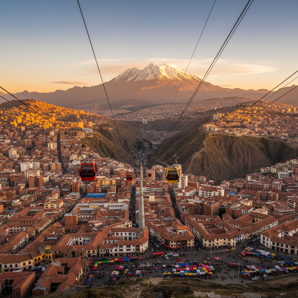 Mi Teleférico cable cars soaring above La Paz city bowl with Illimani mountain backdrop