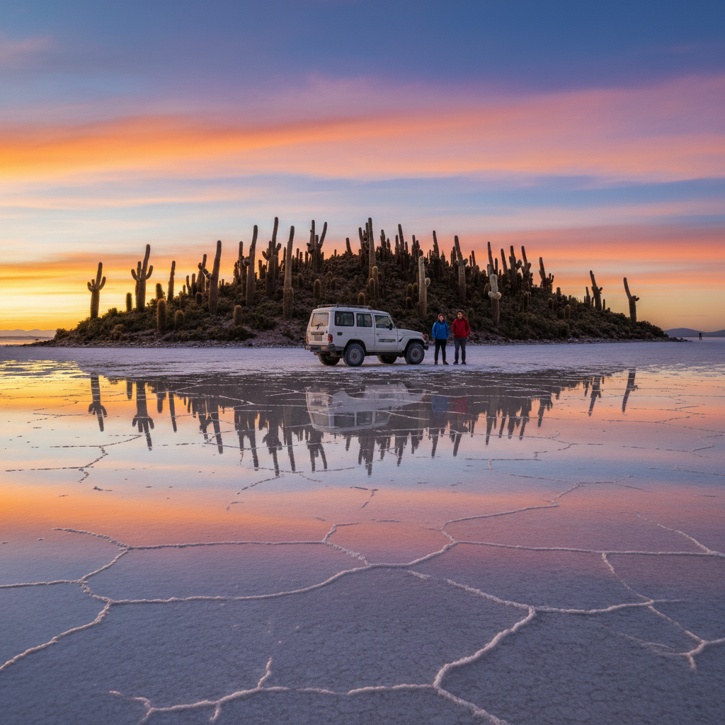 Mirror reflection on Salar de Uyuni during rainy season with blue sky